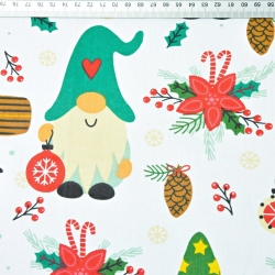 Baumwolle 100% Weihnachtsmuster mit bunten Wichteln und Laternen auf weißem Hintergrund  