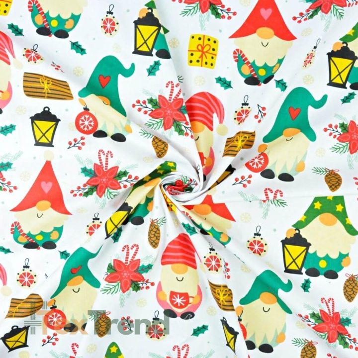 Baumwolle 100% Weihnachtsmuster mit bunten Wichteln und Laternen auf weißem Hintergrund  