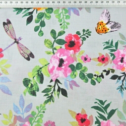 Baumwolle 100% Mohnblumen bunt mit Insekten auf grauem Hintergrund  