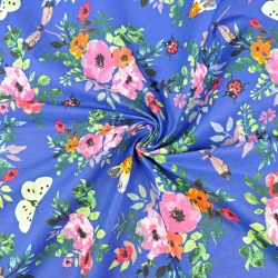 Baumwolle 100% Mohnblumen bunt mit Insekten auf saphirblauem Hintergrund  