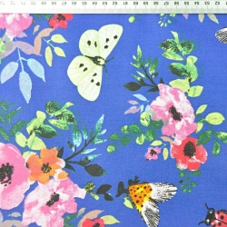 Baumwolle 100% Mohnblumen bunt mit Insekten auf saphirblauem Hintergrund  