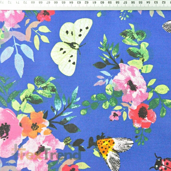 Baumwolle 100% Mohnblumen bunt mit Insekten auf saphirblauem Hintergrund  