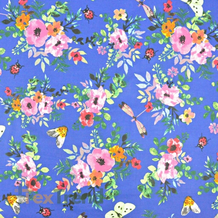 Baumwolle 100% Mohnblumen bunt mit Insekten auf saphirblauem Hintergrund  