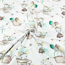 100% Baumwolle Mäuse mit Tassen beige-grün auf weißem Hintergrund  