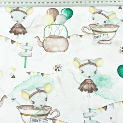 100% Baumwolle Mäuse mit Tassen beige-grün auf weißem Hintergrund  