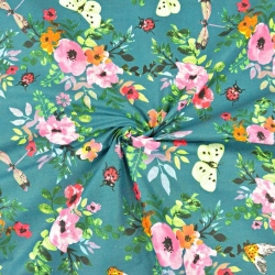 Baumwolle 100% Mohnblumen bunt mit Insekten auf meerblauem Hintergrund  