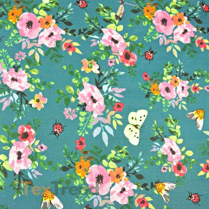 Baumwolle 100% Mohnblumen bunt mit Insekten auf meerblauem Hintergrund  