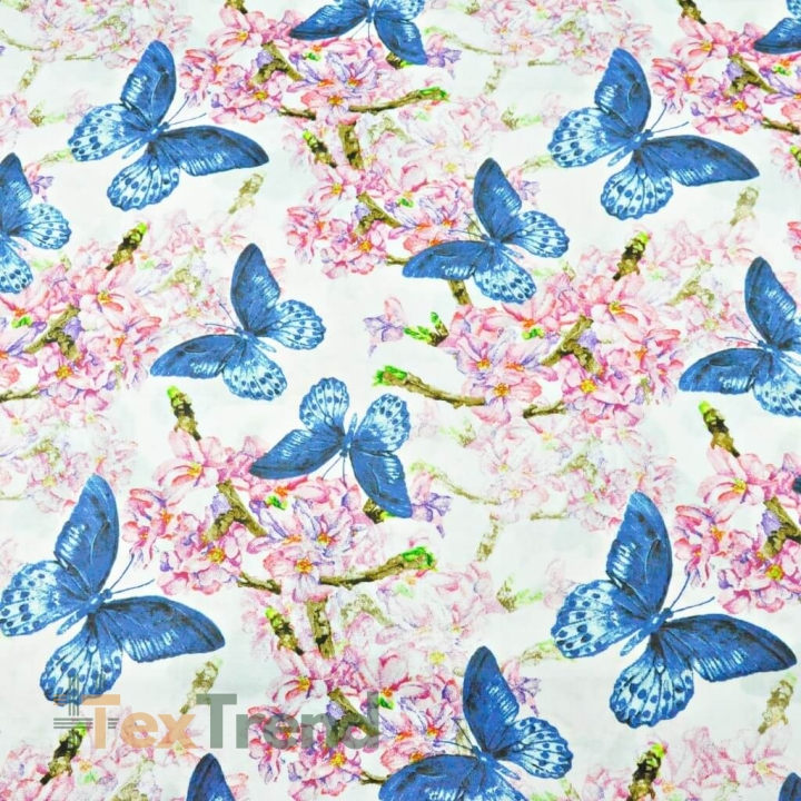 100% Baumwolle Schmetterlinge in Saphirblau mit rosa Blumen auf weißem Hintergrund  