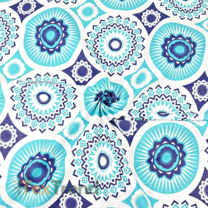 Baumwolle 100% Mandala-Muster türkis auf weißem Hintergrund  