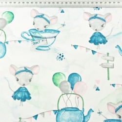 100% Baumwolle Mäuse mit Tassen blau-grün auf weißem Hintergrund  