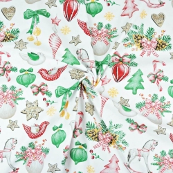 Baumwolle 100% Weihnachtsmuster Dekorationen RETRO auf weißem Hintergrund  