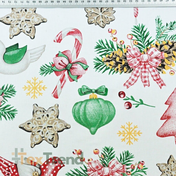 Baumwolle 100% Weihnachtsmuster Dekorationen RETRO auf weißem Hintergrund  