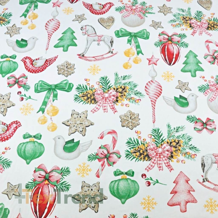 Baumwolle 100% Weihnachtsmuster Dekorationen RETRO auf weißem Hintergrund  