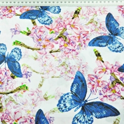 100% Baumwolle Schmetterlinge in Saphirblau mit rosa Blumen auf weißem Hintergrund - 220cm  