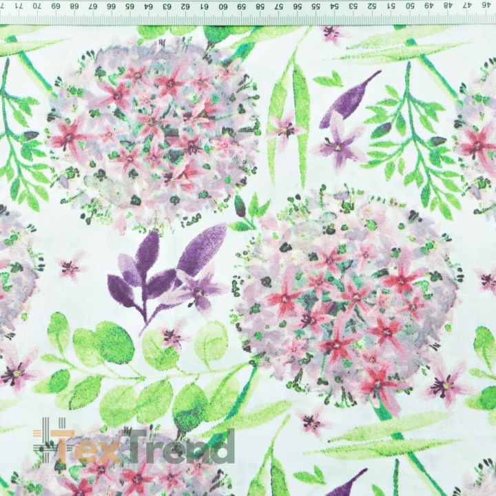 100% Baumwolle Knoblauchblumen rosa-grün auf weißem Hintergrund - 220cm  