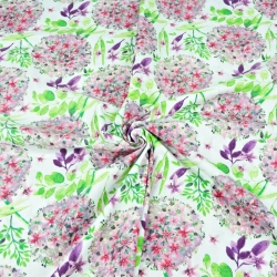 100% Baumwolle Knoblauchblumen rosa-grün auf weißem Hintergrund - 220cm  