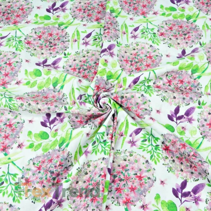 100% Baumwolle Knoblauchblumen rosa-grün auf weißem Hintergrund - 220cm  