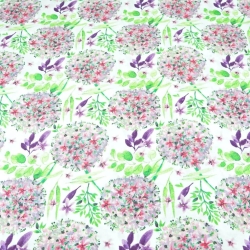 100% Baumwolle Knoblauchblumen rosa-grün auf weißem Hintergrund - 220cm  