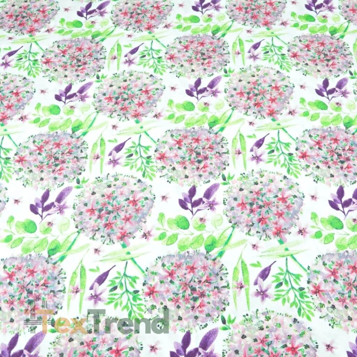 100% Baumwolle Knoblauchblumen rosa-grün auf weißem Hintergrund - 220cm  