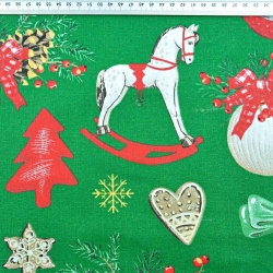 Baumwolle 100% Weihnachtsmuster Dekorationen RETRO auf grünem Hintergrund  