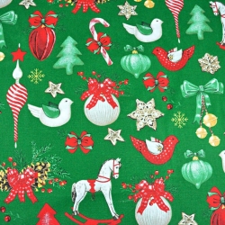 Baumwolle 100% Weihnachtsmuster Dekorationen RETRO auf grünem Hintergrund  