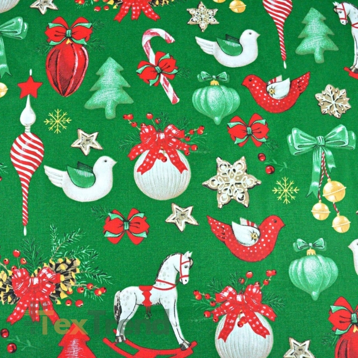 Baumwolle 100% Weihnachtsmuster Dekorationen RETRO auf grünem Hintergrund  
