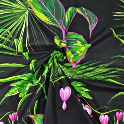 Baumwolle 100% Herzchenblumen rosa mit grünen Blättern auf schwarzem Hintergrund - 220cm  