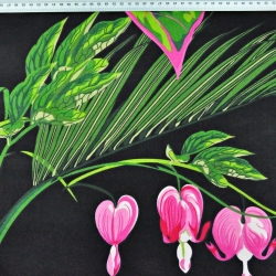 Baumwolle 100% Herzchenblumen rosa mit grünen Blättern auf schwarzem Hintergrund - 220cm  