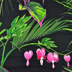 Baumwolle 100% Herzchenblumen rosa mit grünen Blättern auf schwarzem Hintergrund - 220cm  