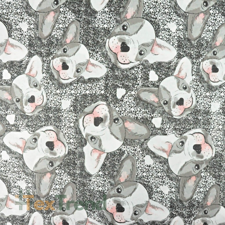100% Baumwolle Bulldoggen grau-weiß mit rosa  