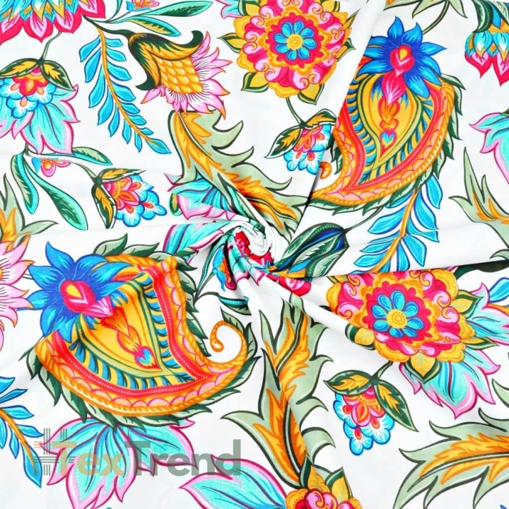 Baumwolle 100% orientalische Blumenmuster bunt auf weißem Hintergrund - 220cm  