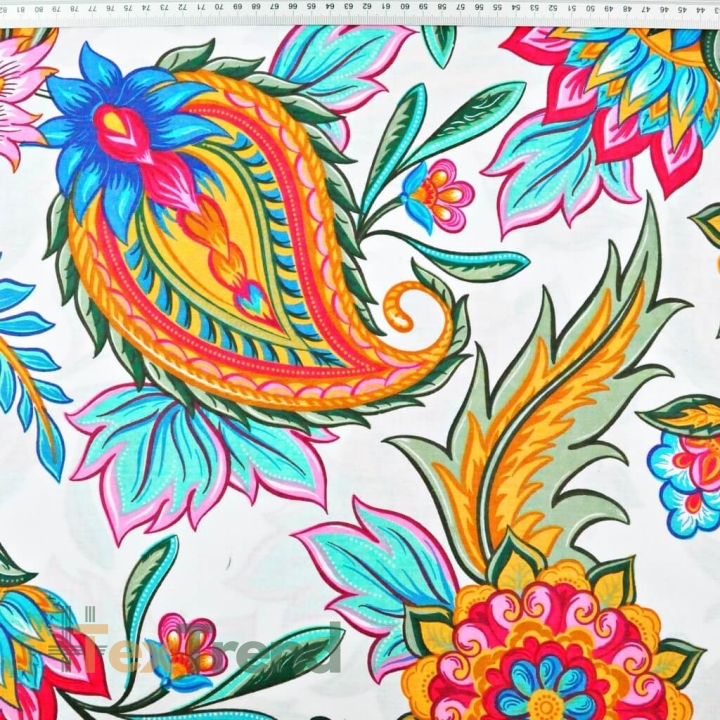 Baumwolle 100% orientalische Blumenmuster bunt auf weißem Hintergrund - 220cm  