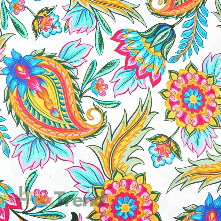 Baumwolle 100% orientalische Blumenmuster bunt auf weißem Hintergrund - 220cm  