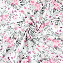 Baumwolle 100% Blumensträuße rosa-grau auf weißem Hintergrund - 220cm  