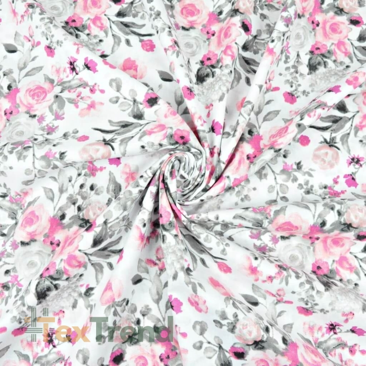 Baumwolle 100% Blumensträuße rosa-grau auf weißem Hintergrund - 220cm  