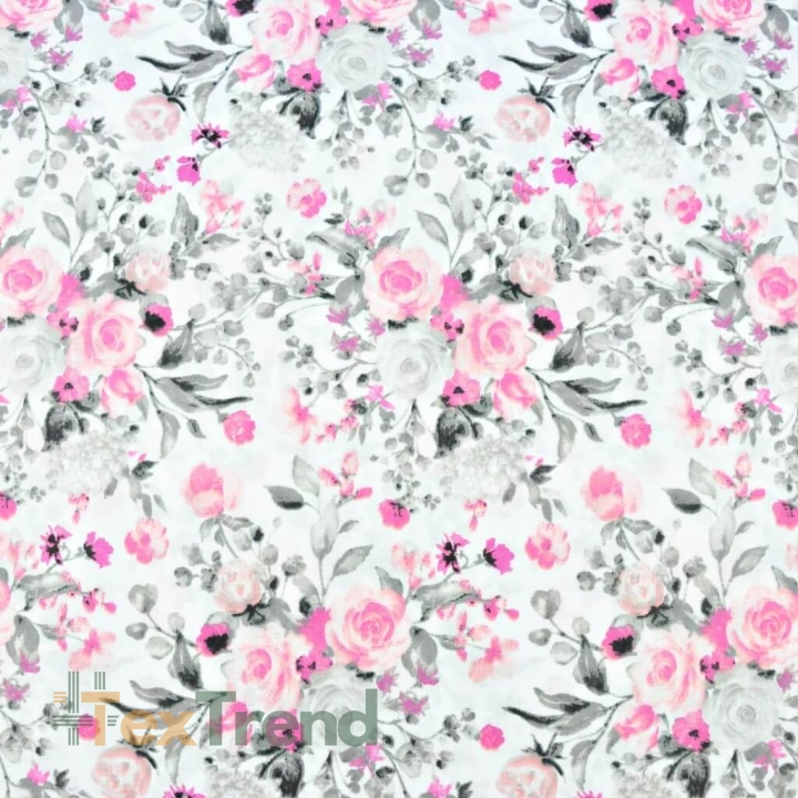 Baumwolle 100% Blumensträuße rosa-grau auf weißem Hintergrund - 220cm  
