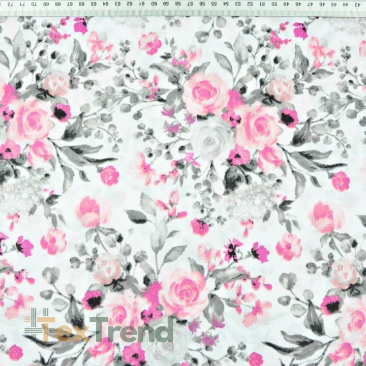 Baumwolle 100% Blumensträuße rosa-grau auf weißem Hintergrund - 220cm  