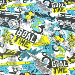 Baumwolle 100% Jugendmuster blau-gelb auf weißem Hintergrund  