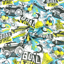 Baumwolle 100% Jugendmuster blau-gelb auf weißem Hintergrund  