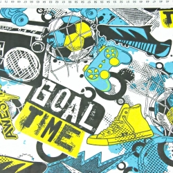 Baumwolle 100% Jugendmuster blau-gelb auf weißem Hintergrund  