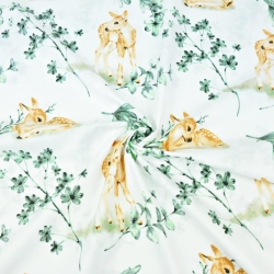 Baumwolle 100% Rehe mit grau-olivgrünen Zweigen auf weißem Hintergrund  