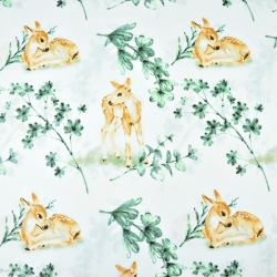 Baumwolle 100% Rehe mit grau-olivgrünen Zweigen auf weißem Hintergrund  