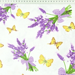 Baumwolle 100% Lavendelblumen mit Schmetterlingen auf weißem Hintergrund  