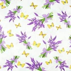 Baumwolle 100% Lavendelblumen mit Schmetterlingen auf weißem Hintergrund  