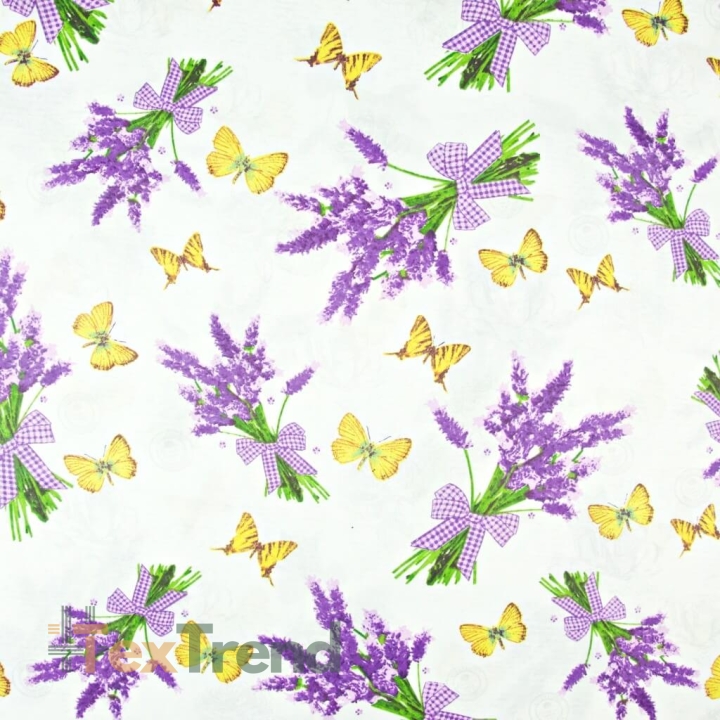 Baumwolle 100% Lavendelblumen mit Schmetterlingen auf weißem Hintergrund  