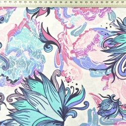 100% Baumwolle magische Blumen violett-blau auf weißem Hintergrund  