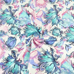 100% Baumwolle magische Blumen violett-blau auf weißem Hintergrund  