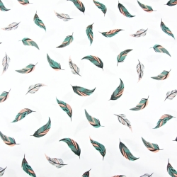 Baumwolle 100% Federn grün-ziegelrot auf weißem Hintergrund  