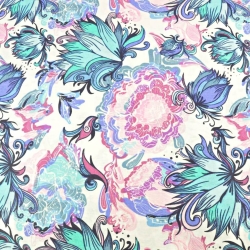 100% Baumwolle magische Blumen violett-blau auf weißem Hintergrund  