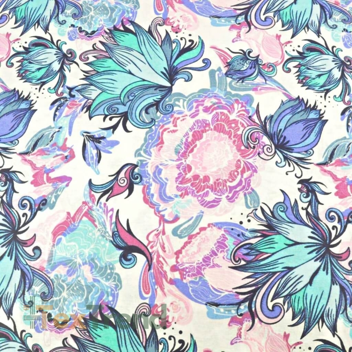 100% Baumwolle magische Blumen violett-blau auf weißem Hintergrund  